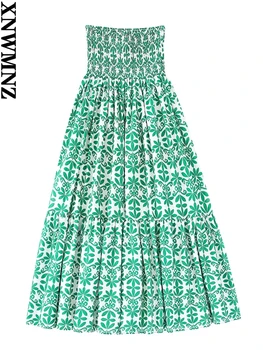 XNWMNZ 2022 Ženy Móda Tlačené Panelled Maxi Sukne Vintage Vysoký Pás S Smocked Elastické Opasok Ženské Sukne