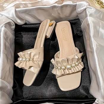 Letné dámske Sandále 2021 Módny Návrhár Elegantné Vonkajšie Papuče s Nízka Obuv pre Ženy Pearl Trend Voľný čas Tkaných Obuvi 43