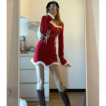 Zimné Sladké Vianočné Šaty Žien Červená Kawaii Lolita Strany Mini Šaty Teplé Kórejský Noc Šaty Dámske Festival Oblečenie 2022
