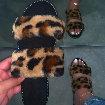 Leopard Kožušiny Papuče Domov Divoké Vlasy, Papuče Teplé Ružové Sandále Žena 2020 Nové Streetwear Flip Flop Byt s Interiéru Papuče