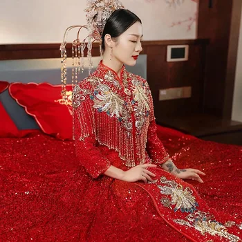Tradičné Nevesta Páva Výšivky Svadobné Šaty Čínsky Štýl Vintage Červené Flitre Strapce Qipao