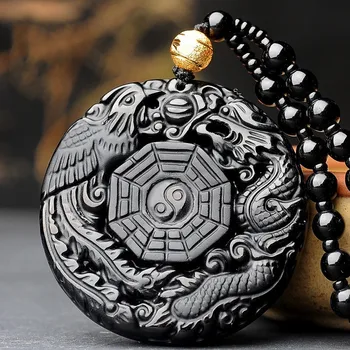 Prírodné Čierna Obsidián Dragon a Phoenix Bagua Prívesok Módne Šperky Ručne Vyrezávané Dragon Phoenix Náhrdelník pre Mužov a Ženy