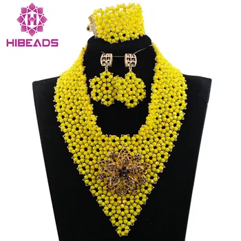 2017 Ženy Korálky Náhrdelník Šperky Nastaviť Módne Yellow Crystal Ručne vyrábané Šperky Set Afrického Svadobné BridalFree Doprava ABH299