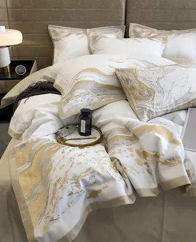 Luxusné abstraktné zlato posteľná bielizeň nastaviť,4pc plný kráľovná kráľ,kvetnatý európskej výšivky bytový textil plochý list vankúš perinu