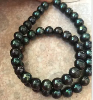 ohromujúci 9-10mmAAA sladkovodné kolo zelená čierna perlový náhrdelník 18-palcové 925silver