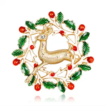 Móda Drahokamu Vykladané Zlatý Jeleň Kovové Brošňa Kolíky Červený Kvet, Zelené Listy Smalt Potiahnuté Brošne Vianočný Darček 2018 Nové