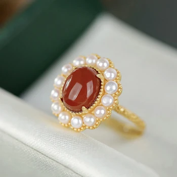 Staroveké zlaté remeslá južného červený turmalín pearl flower krúžok nastaviteľné luxusné Čínsky štýl, temperament šperky