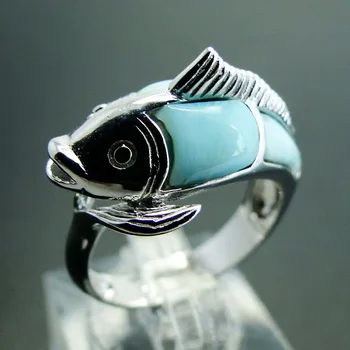Kvalitné Krásne Prírodné Dominikánskej Larimar Ryby Krúžok v 925 Sterling Silver Sea Life Šperky Darček