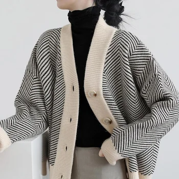 2021 jar a na jeseň Ročníka pletený sveter dámske pruhované oblečenie lenivý vietor voľné kabát hrubé vlákno, vonkajší sveter