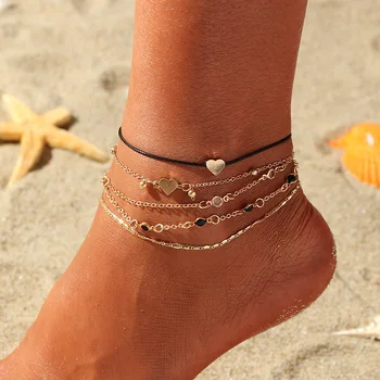 Nové Letné Beach Nohy Reťaze Jednoduchý štýlový tvare srdca prívesok anklet Vrstvený členok reťazec Multi-kus zliatiny anklet nastaviť 5-dielna