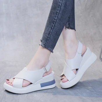2022 v Lete Ženy Klinové Podpätky Pu Kožené Sandále Premium Otvorené Prst Papuče kórejský Štýl Ležérne Topánky Anti-slip Platformu Sandalias