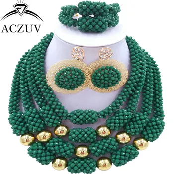 ACZUV Najnovšie Robustný Veľké Africké Šperky Set Dark Green Crystal Nigérijský Svadobné Korálky Náhrdelník a Náušnice D4R004