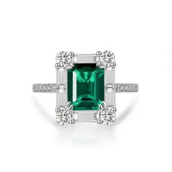 S925 Mincový Striebro Šperky Vysokej Kvality Obdĺžnikový Lab Pestuje Smaragdovo Zelený Drahokam Prstene Pre Ženy