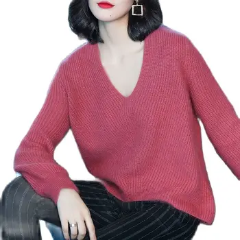 2021 V golier svetre, dámske jesenné zimné, voľné bunda kórejský červená, krátky pletený sveter, na jar a na jeseň fashion sveter.