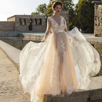 Sexy Dlhé Rukávy Svadobné Šaty 2021 Elegantný Odnímateľný Svadobné Šaty Čipky Appliques Princezná Šaty, Mariage De Pláže