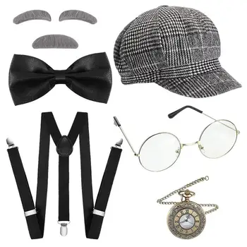 1920 Pánske Oblečenie Veľký Gatsby Gangster Kostým Príslušenstvo Nastaviť 30s Manhattan Fedora Klobúk Y-Späť Podväzky Vreckové Hodinky