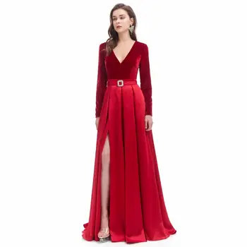 Red Velvet Top Moslimských Prom Šaty s Dlhým Rukávom 2023 Sexy Štrbinou arabčina Aso Ebi Jednoduchý Dizajn Večerné Šaty šaty