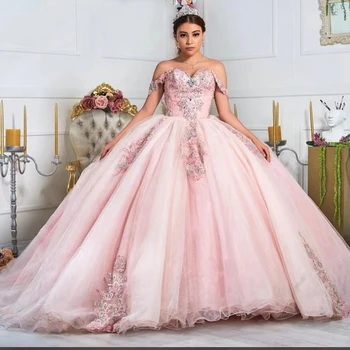 Ružový Korzet Quinceanera Šaty Princezná Guľové Šaty Pre Sweet 16 Šaty Appliques Korálky Sequined Bez Ramienok Vestidos De 15 Anos