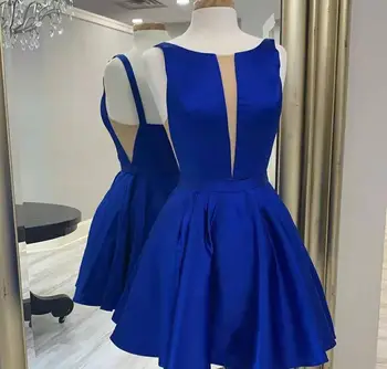 Elegantné Krátke-Line Royal Blue Satin návrat domov Šaty s Vreckami Koleno Dĺžke Zips Maturitné Šaty pre Juniorov