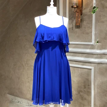 2022 Modrá Princezná Špagety Popruh Sexy Večerné Šaty A-Line Ilúzia Bez Rukávov Strany Prom Backless Členok-Dĺžka