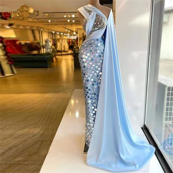 Elegantný Sky Blue Večerné Šaty Jedno Rameno Flitrami Volánikmi Prom Šaty Na Zákazku S Zábal Dĺžka Podlahy Party Šaty
