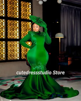 Plus Veľkosť Smaragdovo Zelená Večerné Šaty Pre Ženy 2022 Dlhom Rukáve Nášivka Afriky Morská víla Prom Šaty vestido de festa luxo
