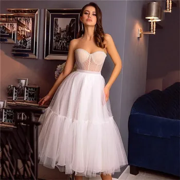 Nové Jednoduché Krátke Svadobné Šaty 2021 pre Ženy Čaj Dĺžka Line Svadobné Šaty Vestido De Novia