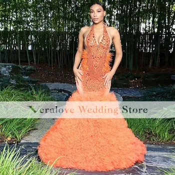 Orange Iskrivý Korálky Prom Šaty morskej panny 2022 s uväzovaním za Krk Velvet vestidos de gala Party oblečenie pre Africké Dievča