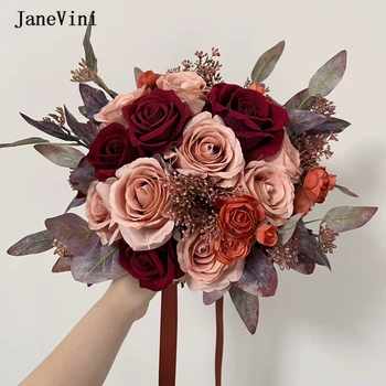 JaneVini Vintage Burgundsko Svadobné Kytice Ruží Eukalyptu Nevesta Svadobné Kvety Umelé Veľké Falošné Kytice Svadobné Doplnky
