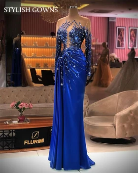 Luxusné Royal Blue O Krk Večerných Šiat, Perlové Kryštál Diamantu Celebrity Elegantné Šaty Morskej Panny Župan De Femme Soirée