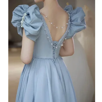 Modrá Princezná Prom Šaty Sladké Lístkového Rukávy Pearl Luk Backless Dĺžka Podlahy Večerné Šaty Pre Elegantný Lady 2022 Nové