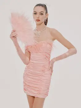 Móda Ružová Pierko Prehodil Mini Elegantné Šaty Bez Rukávov Backless Celebrity Nočný Klub Party Šaty 2022 Nové Letné Oblečenie