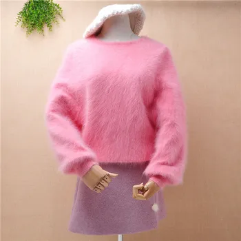 dámy ženy chlpaté fuzzy sladké ružové angorského kožušiny dlho svietidla rukávy tenký pulóver noriek cashmere zimné jumper sveter top