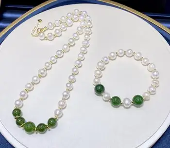 prírodné 8-9mm biela Sladkovodné perly jade perličiek náramok, náhrdelník set Šperkov