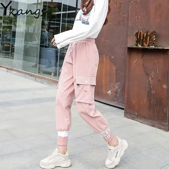 Vysoký Pás Ružové Nohavice Streetwear Ženy Bežné Nohavice Vrecká Chladné Jesenné Spodnej Kórejský Nohavice Lasdies Patchwork Ceruzka Sweatpants