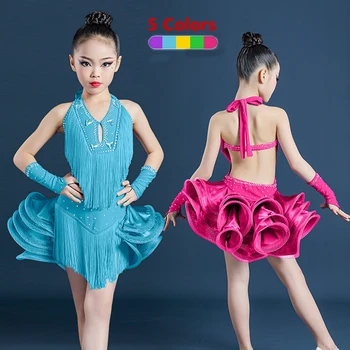 5 Farby Deti Sequin latinské Tanečné Šaty Pre Dievčatá latinskej Fringe Šaty Ballroom Dance Súťaže Šaty Salsa Šaty SL6783