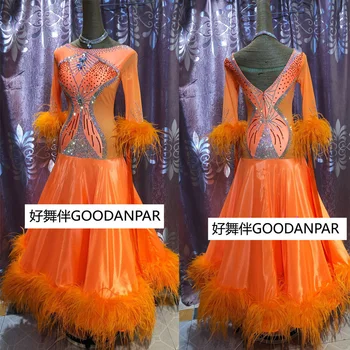 spoločenský štandard valčík tanečnej súťaže šaty s dlhým rukávom dievča Kostým Výkon Dámske orange