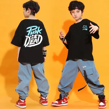 Voľné Čierne tričko Hiphop Oblek Nohavice Letné Hip Hop Kostým pre Chlapcov Súťaže Fáze Oblečenie, Deti, Jazz, Street Dance Oblečenie