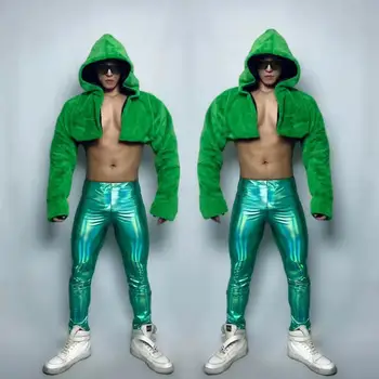 Bar nočný klub DJ, Spevák Gogo Dance Kostým Muž Hip Hop Tanečnica Výkon Oblečenie Zelená Umelú Kožušinu Kabát Kožené Nohavice Fáze Nosenie