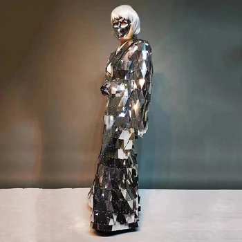 Ľudový Tanec Strieborné Zrkadlo Papiere Robot Vyhovovali Dlhé Šaty Cosplay Nosenie Model Výkon Kostým