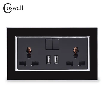COSWALL 13A Univerzálny Switched 2 Zásuvky USB Nabíjanie Port Pre Mobilné Výstup 2.1 Sieťovej Zásuvky Black Panel Akryl