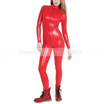 Sexy Červené Latexu Ženy Catsuit Predný Zips Kombinézu Ručné Kostýmy S-LC285