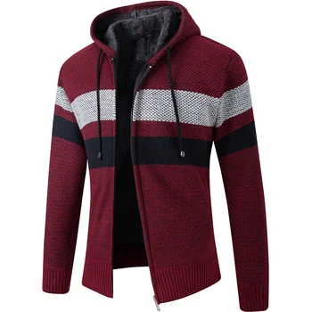 2022 Jeseň Zima Mužov Pruhovaný Fleece Kapucňou Sweatercoat Masculino Teplý Sveter Muž Pletený Sveter M-3XL