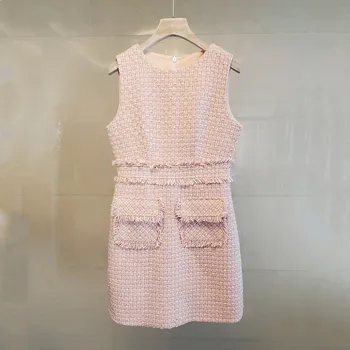 2022 Ženy ružová Tweed bez rukávov Strapec Vrecká Temperament Vintage Módy Kórea Elegantné Malé Voňavé Ženské Šaty Vestidos