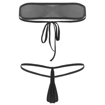 Ženy Erotické Micro Bikini Set Plavky, Priehľadnej Sieťoviny Sexy spodnú Bielizeň bez Ramienok Tie-na Tube Podprsenka Topy s G-String Tangá Odev