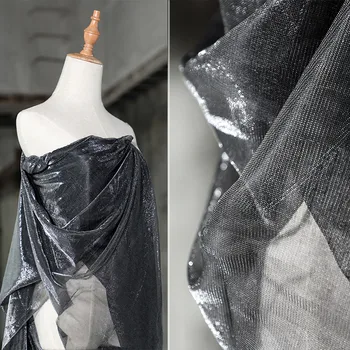 Lace83 1yard Metal Grey Laser Textílie Textúra Čipky Transparentné Šaty Návrhára Textílie Pre Fashion Party, Svadba, Večerné Šaty