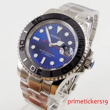 Nasadenie spona 41mm Parnis modrá dial zafírové sklo keramická fazeta automatické pánske hodinky