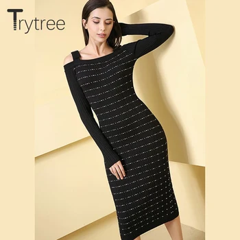 Trytree 2020 Jeseň Zima Ženy Šaty Bežné Lomka krku prúžok Slim fit 2 Farebné Módne Zadok podkolienok Office Lady Šaty