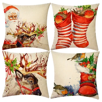 Vianočné Vankúše 45x45 Cm Sada 4 Santa Elk Ponožky Hodiť Vankúš pre Domáce Spálne, Obývacia Izba, Pracovňa Gauči