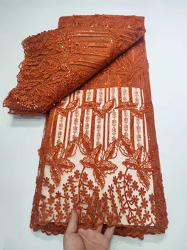 Nový Príchod Orange Afriky Mlieko Hodváb Čipky Oka Textílie Kvalitné Francúzske Tylu Flitrami Pearl Čipky Textílie Pre Ženy Prom Šaty